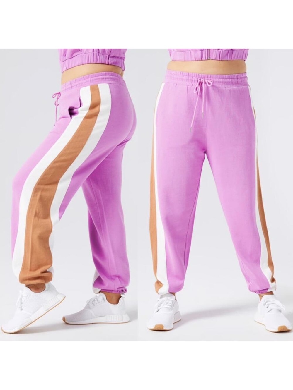 L Space Home Stretch Colorblock Stripe Jogger Sweatpants Mauve Tan White